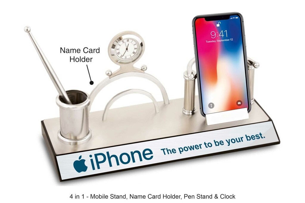 4-in-1 Executive Metal Desk Organizer with Mobile Stand, Clock, Pen Stand & Card Holder